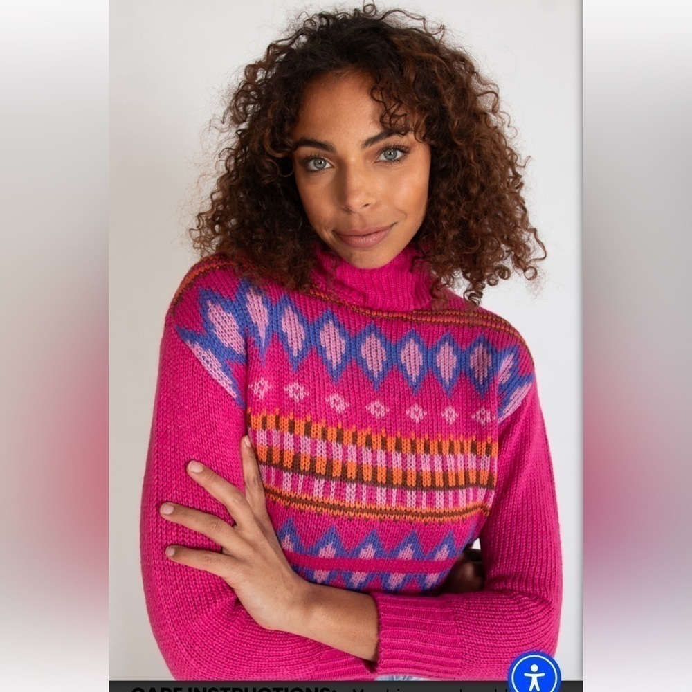 NWT-no comment-XL-fuchsia pink-fair isle, ribbed detail, Turtleneck sweater.